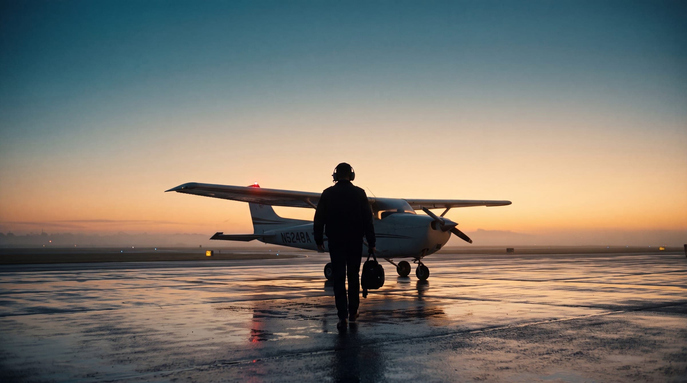 A student pilot walking out to a Cessna on a wet ramp at dawn