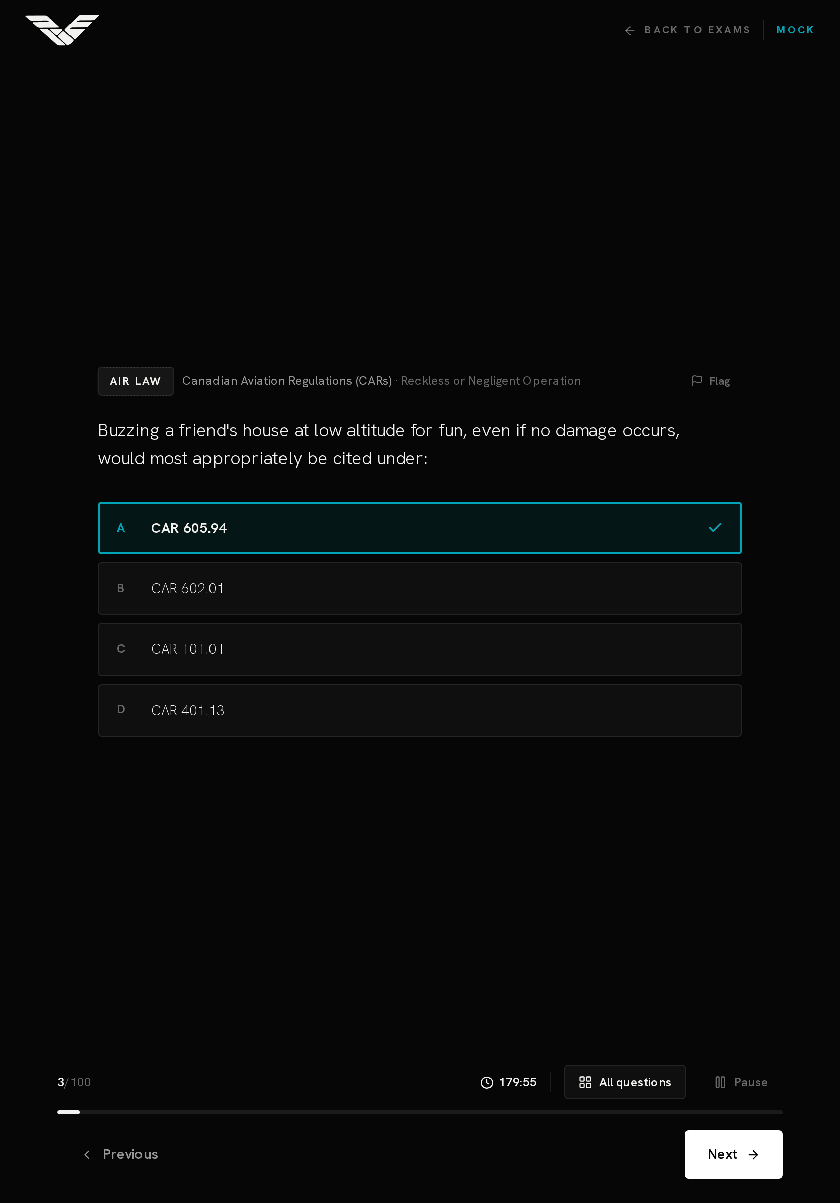 A timed PPL mock exam on a tablet — an Air Law question with an answer selected and the exam clock running.
