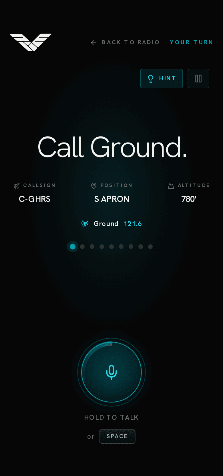 The live Radio session on a phone — a "Call Ground." turn with callsign, position, frequency, and the push-to-talk disc.