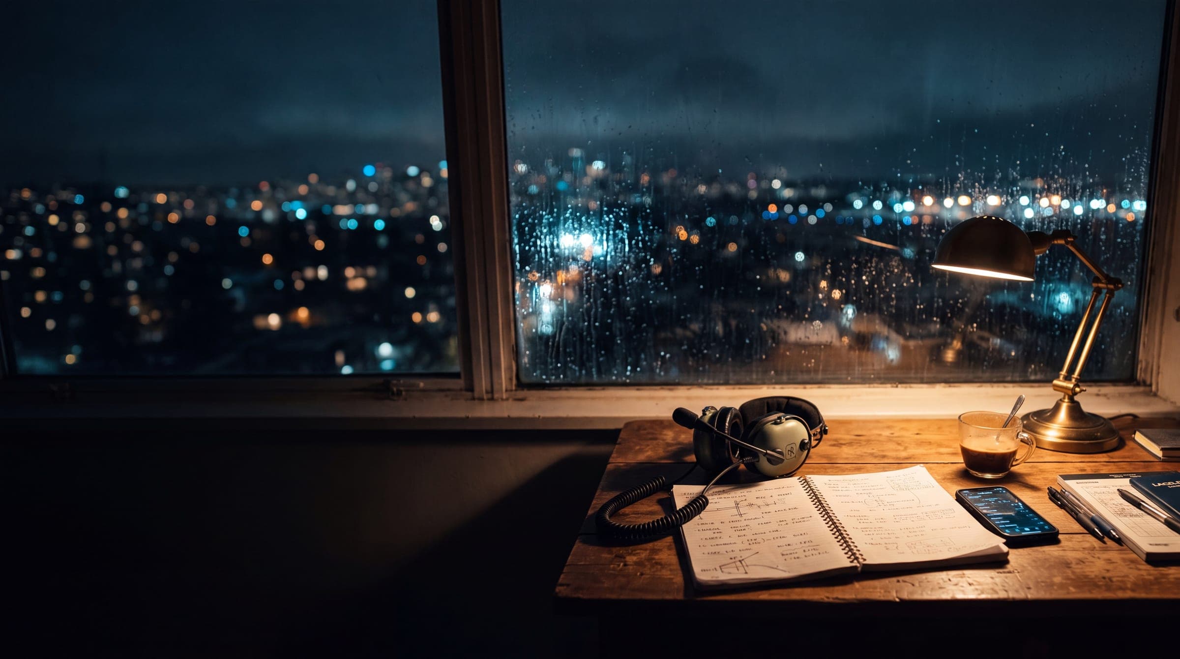A pilot's headset resting on an open notebook at a desk by a rain-streaked window, a city asleep in the distance