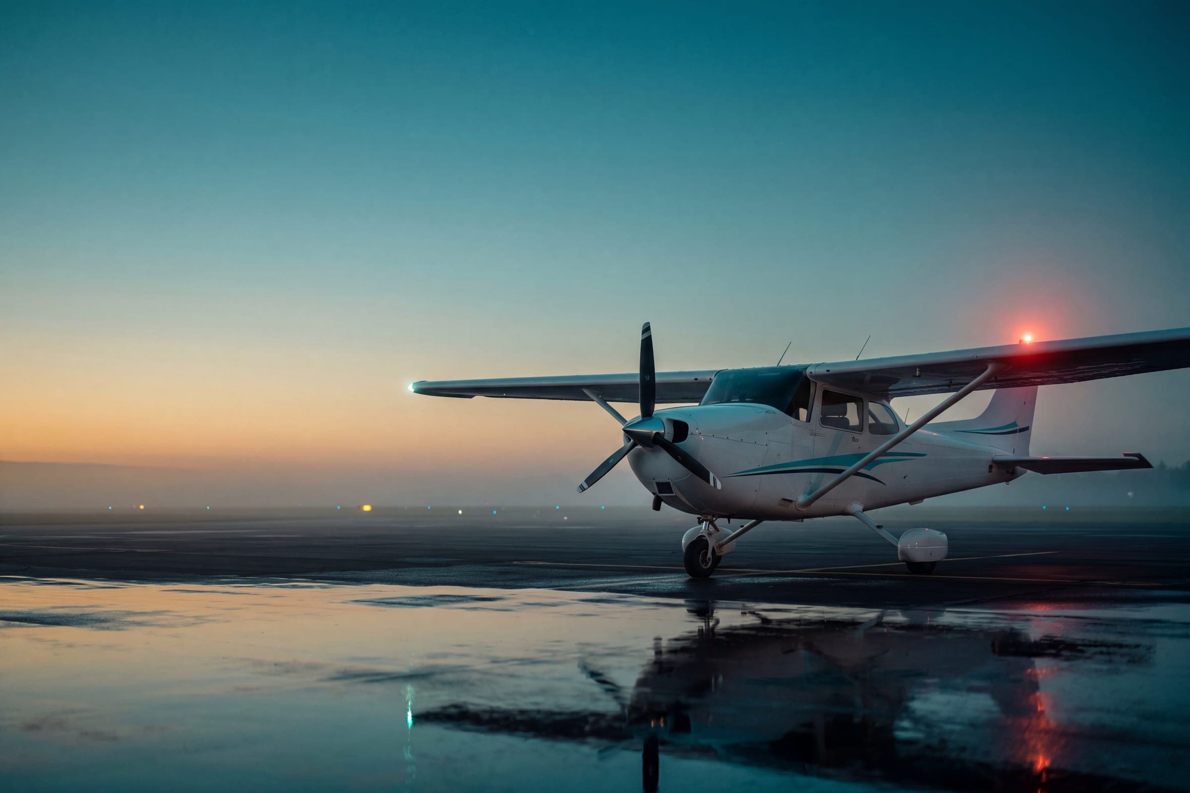 A Cessna 172 training aircraft on a wet apron at dawn — the morning of a first solo
